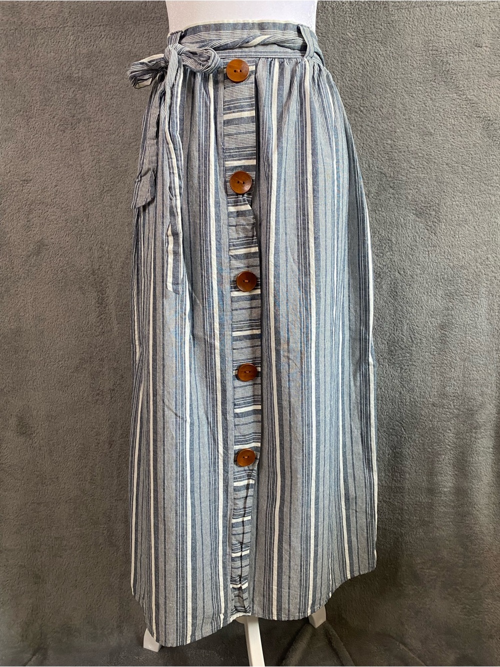 Blue White Striped Linen Blend Maxi Skirt S Tie Waist Button Coastal Grandmother